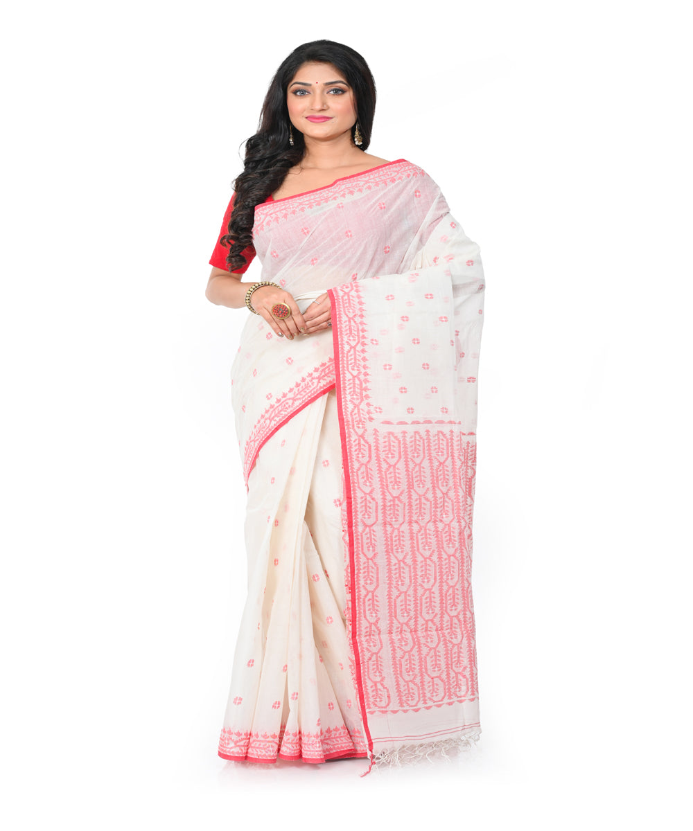 Offwhite red handwoven jamdani cotton saree