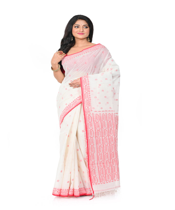 Offwhite red handwoven jamdani cotton saree