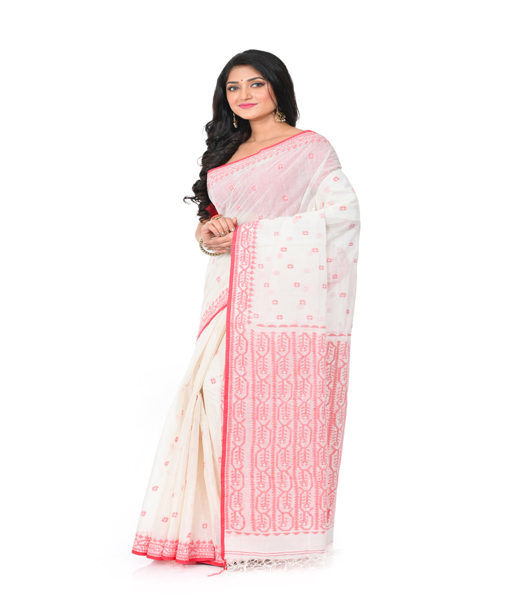 Offwhite red handwoven jamdani cotton saree