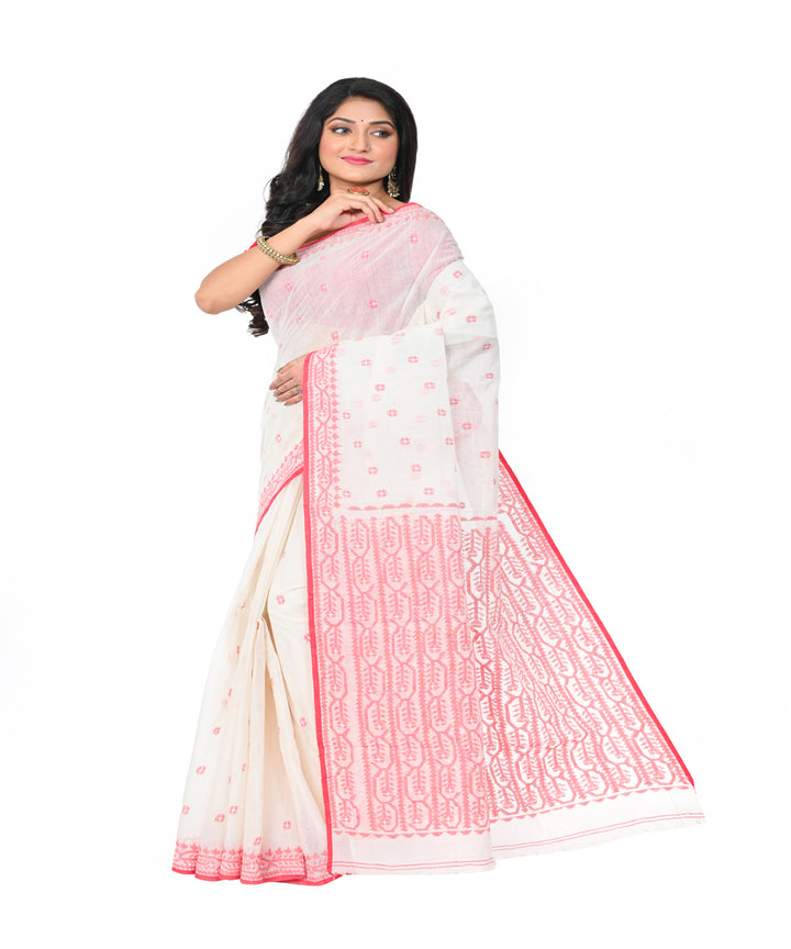 Offwhite red handwoven jamdani cotton saree