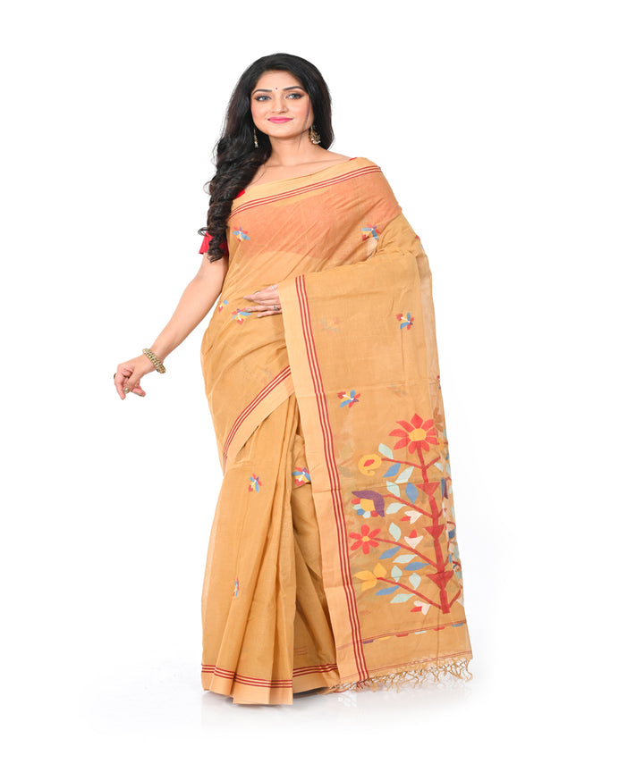 Mustard handwoven cotton jamdani saree