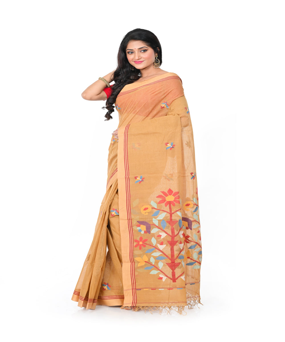 Mustard handwoven cotton jamdani saree