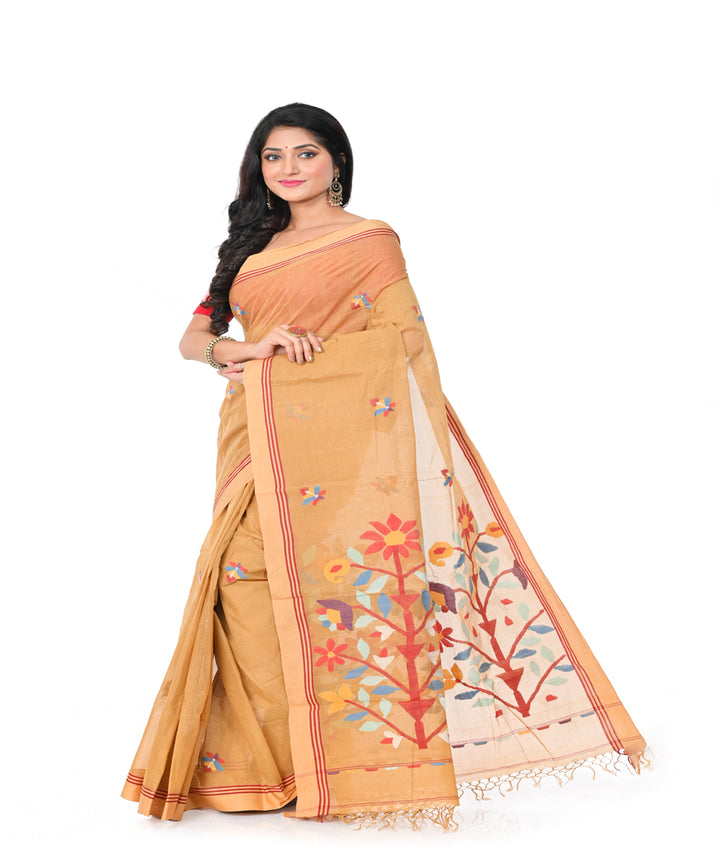 Mustard handwoven cotton jamdani saree