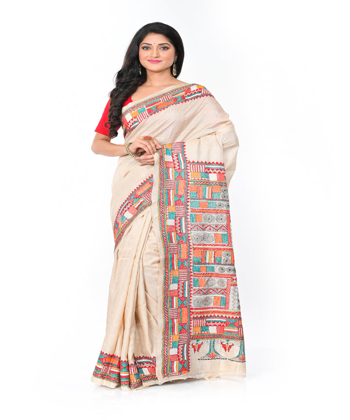 Beige handwoven silk kantha stitch saree