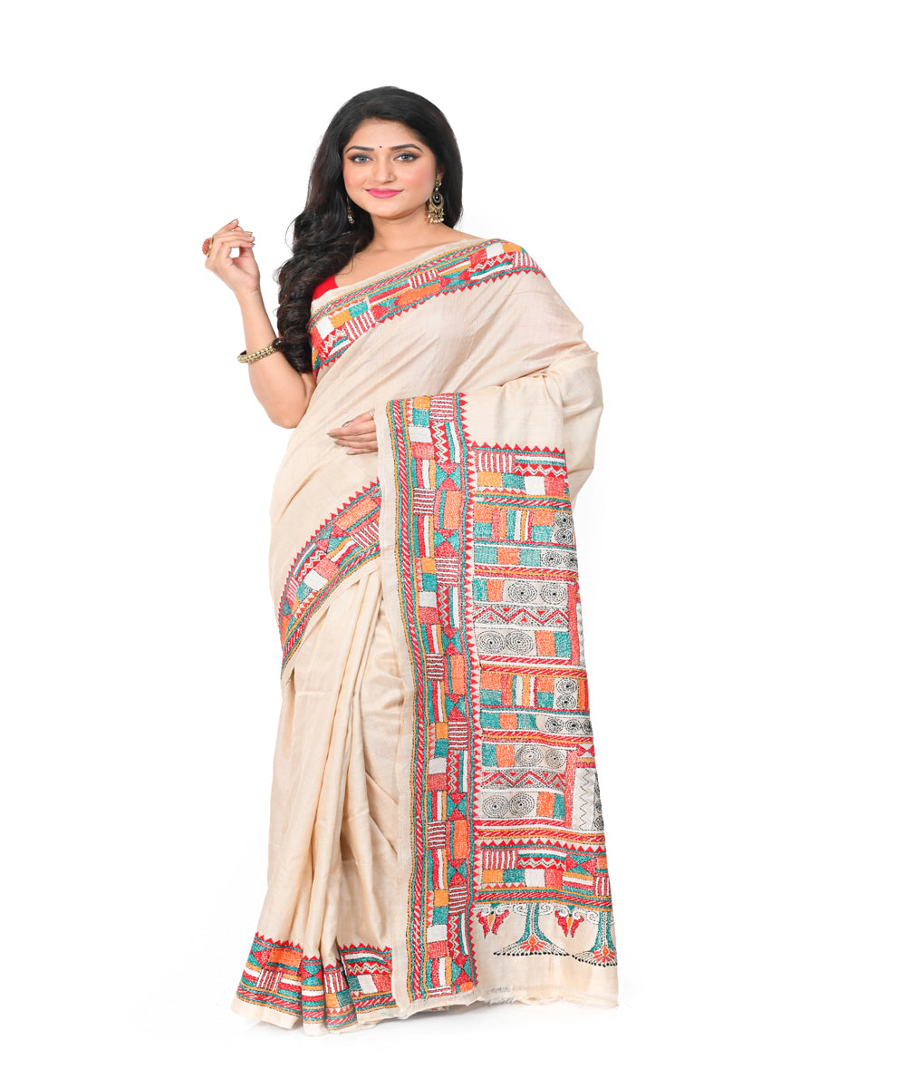 Beige handwoven silk kantha stitch saree