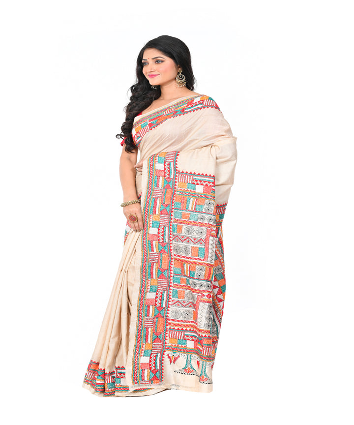 Beige handwoven silk kantha stitch saree