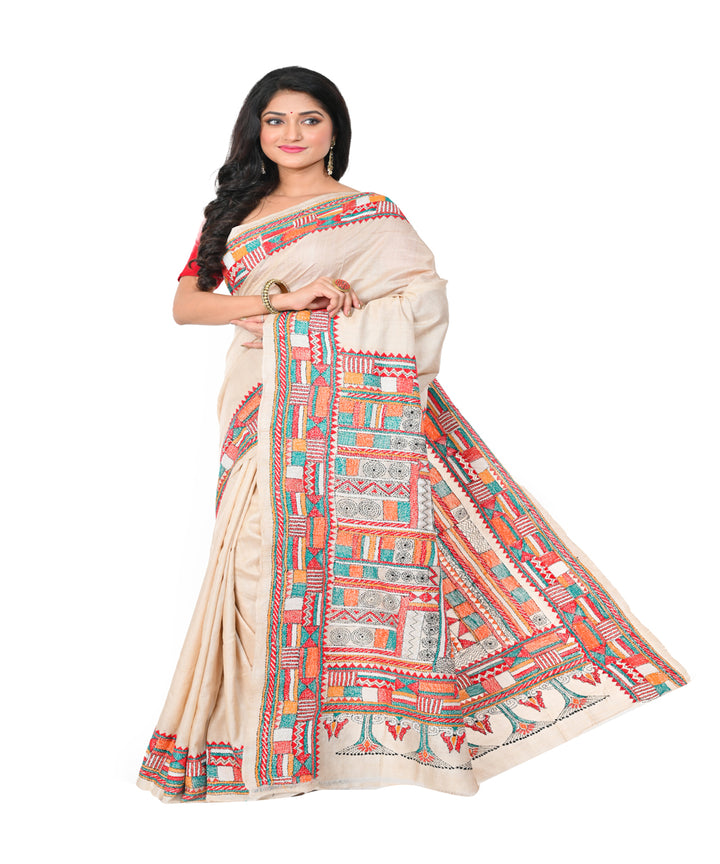 Beige handwoven silk kantha stitch saree