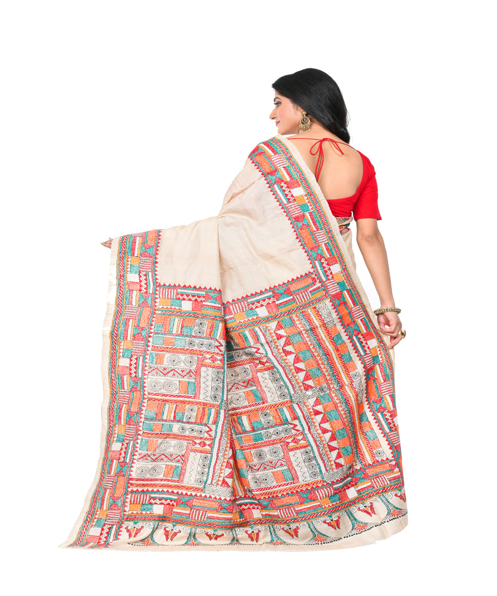 Beige handwoven silk kantha stitch saree