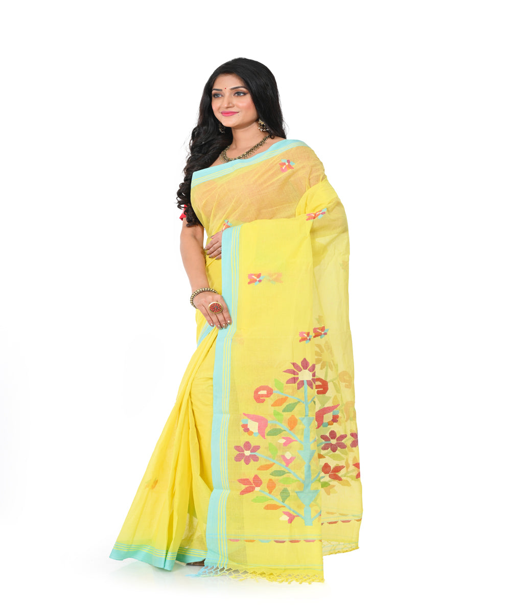 Yellow handwoven cotton jamdani saree