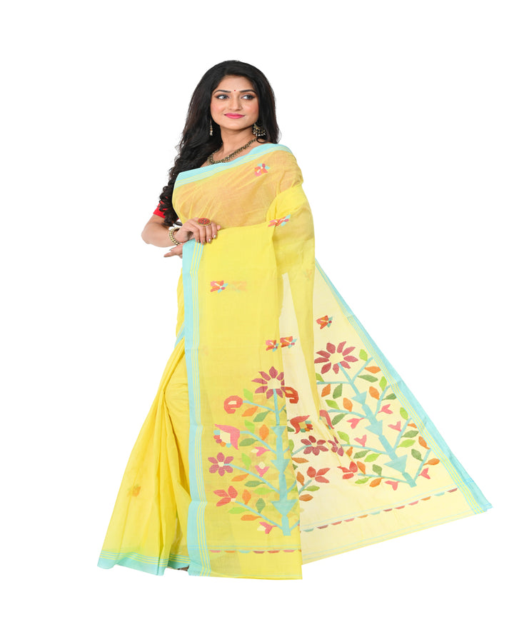 Yellow handwoven cotton jamdani saree