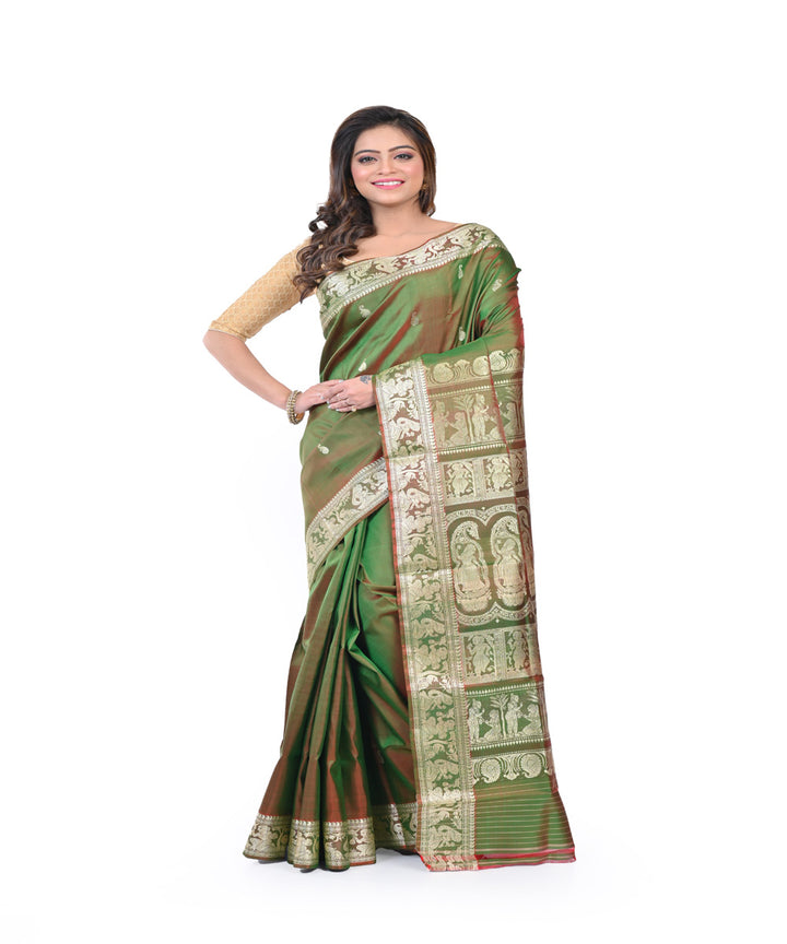 Lime green red handwoven baluchari silk saree