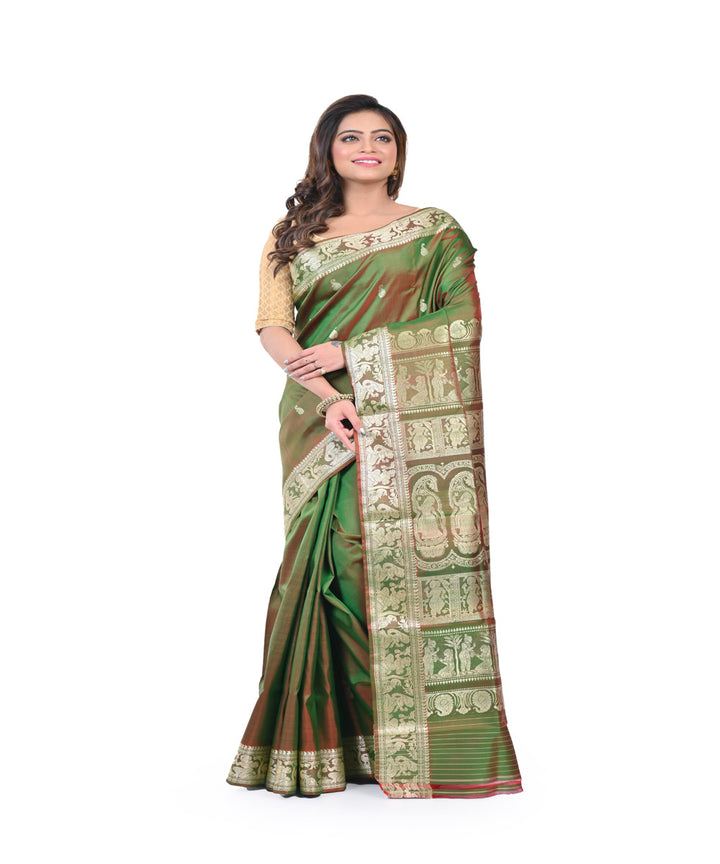 Lime green red handwoven baluchari silk saree