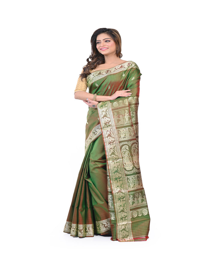 Lime green red handwoven baluchari silk saree