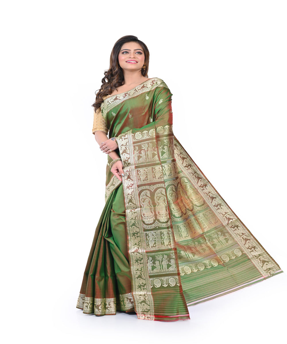 Lime green red handwoven baluchari silk saree