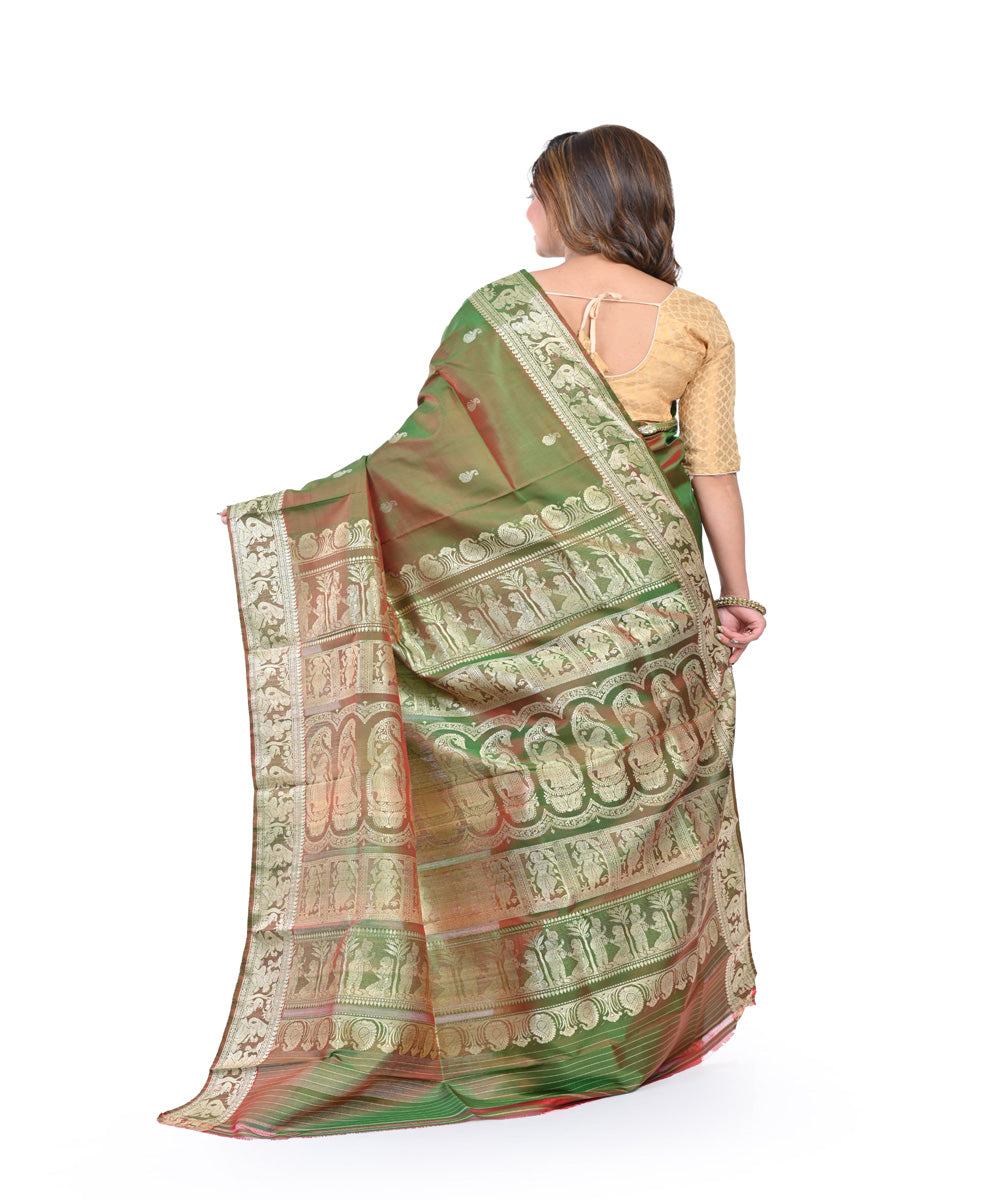 Lime green red handwoven baluchari silk saree