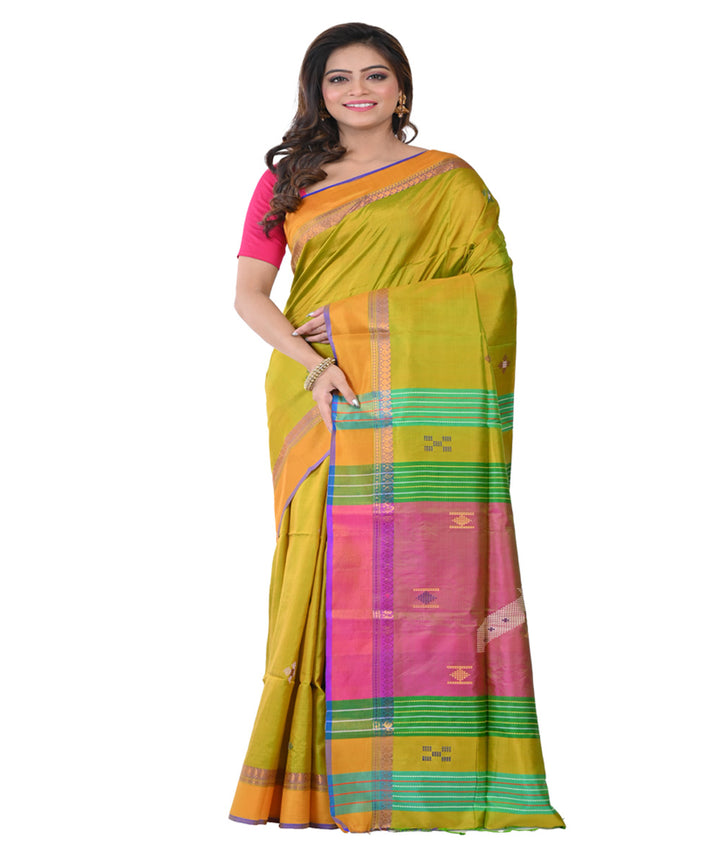 Mustard green handwoven tangail silk saree