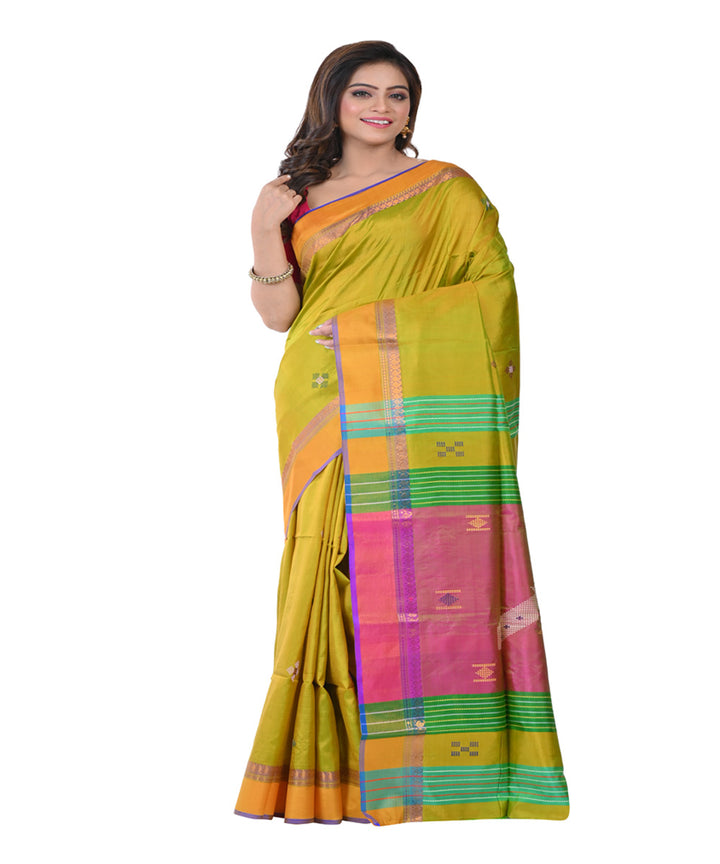 Mustard green handwoven tangail silk saree