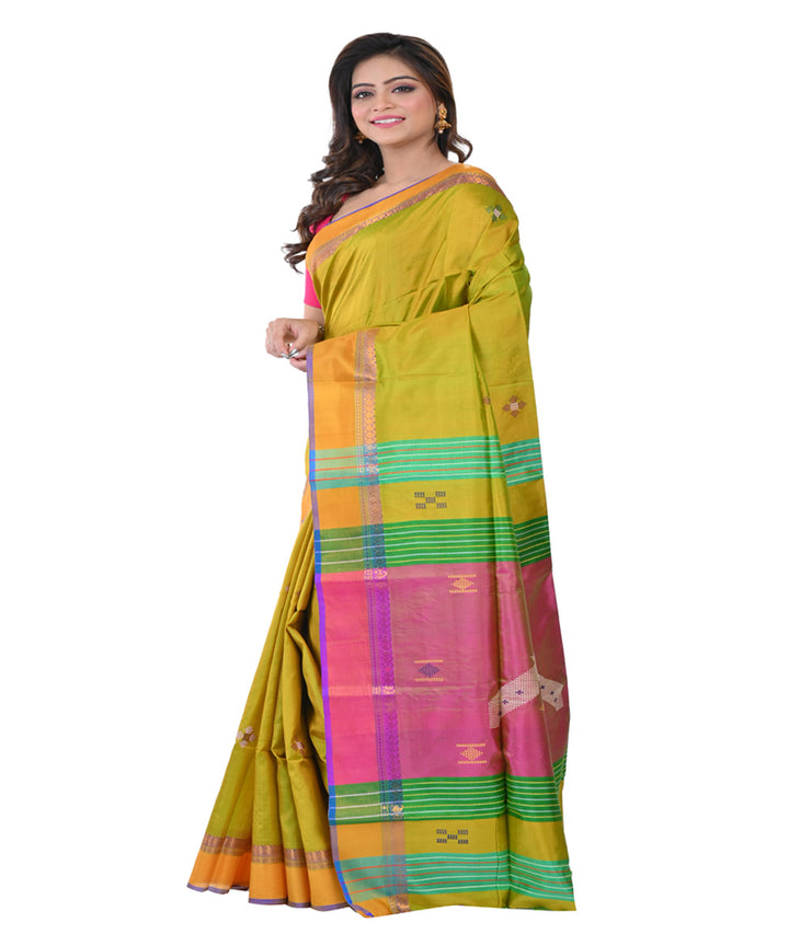 Mustard green handwoven tangail silk saree