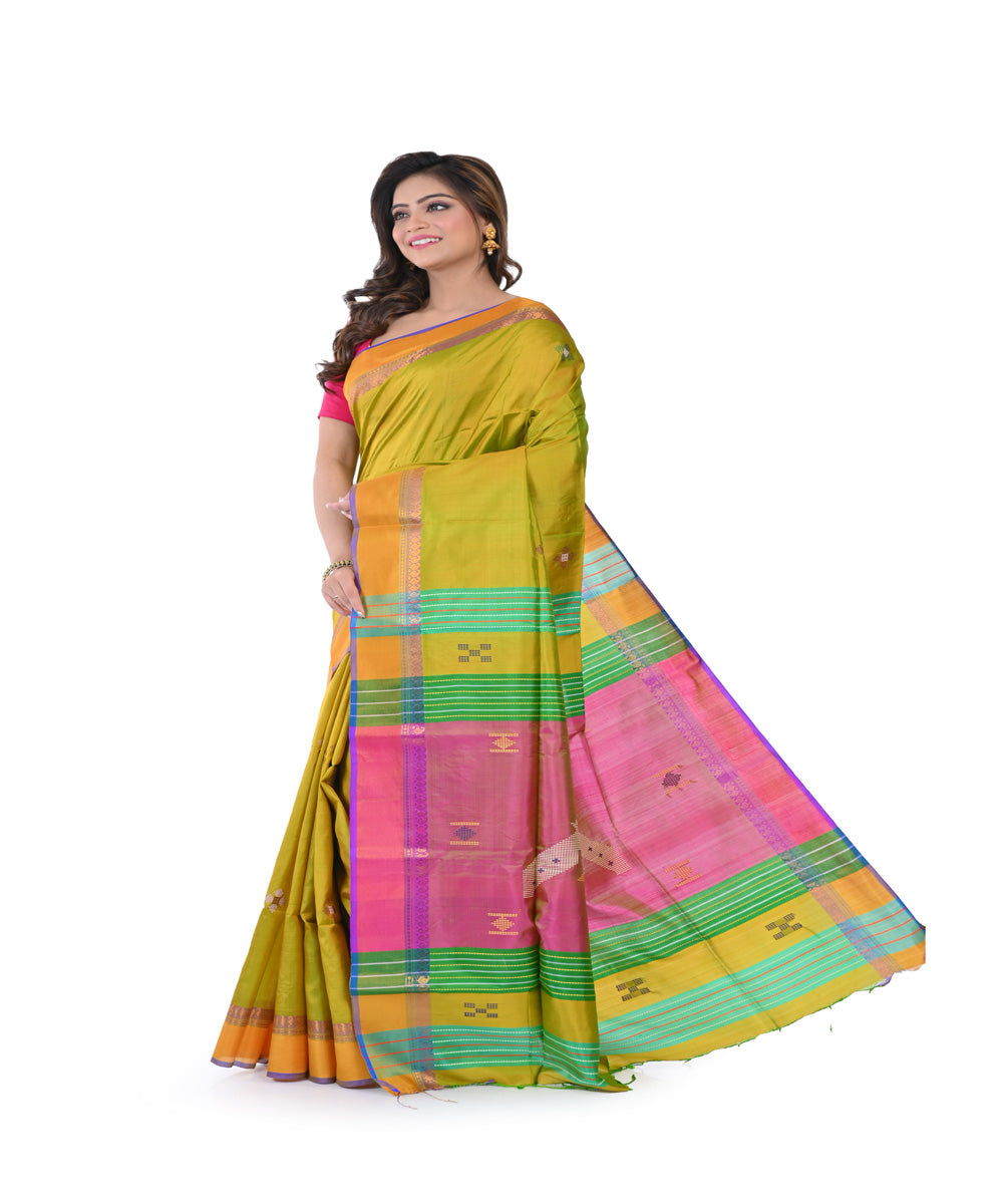 Mustard green handwoven tangail silk saree