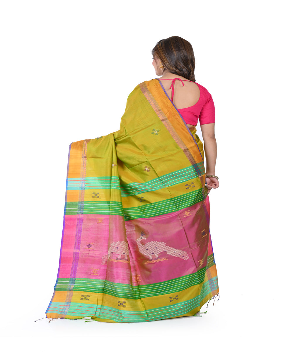 Mustard green handwoven tangail silk saree