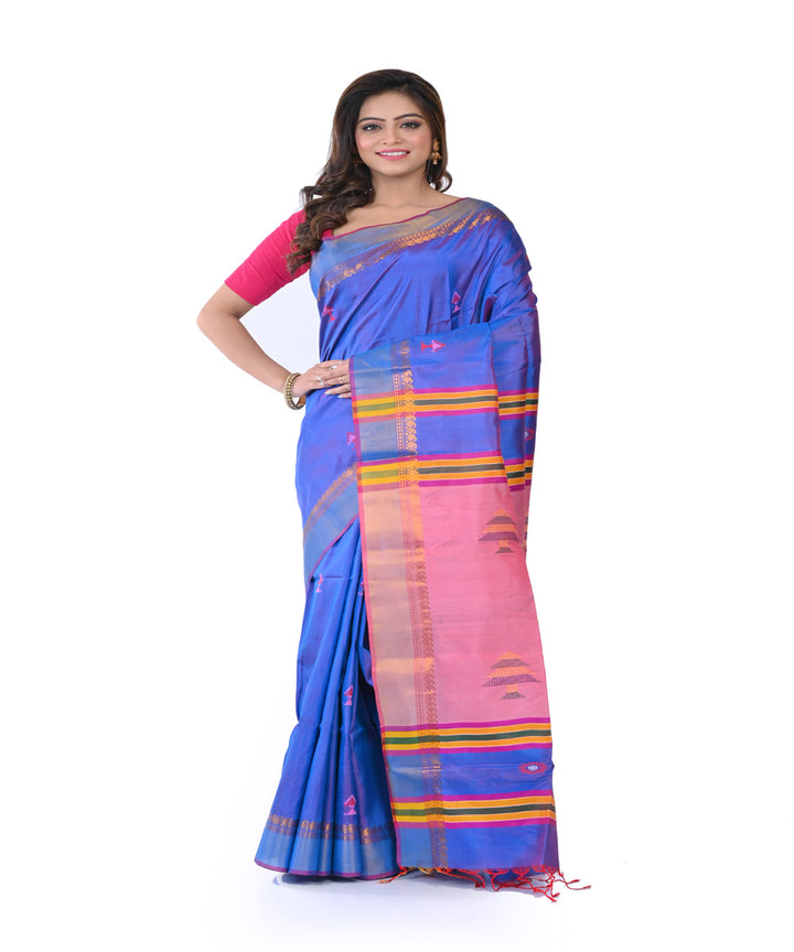 Navy blue pink hand woven tangail silk saree