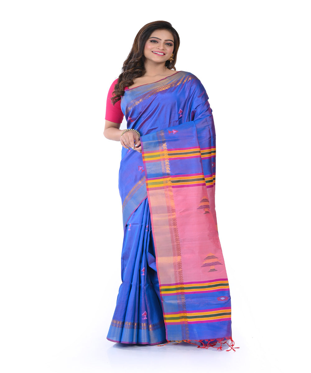 Navy blue pink hand woven tangail silk saree