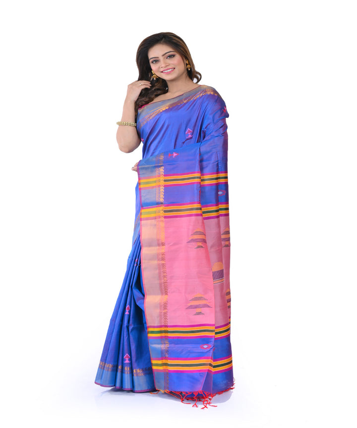 Navy blue pink hand woven tangail silk saree