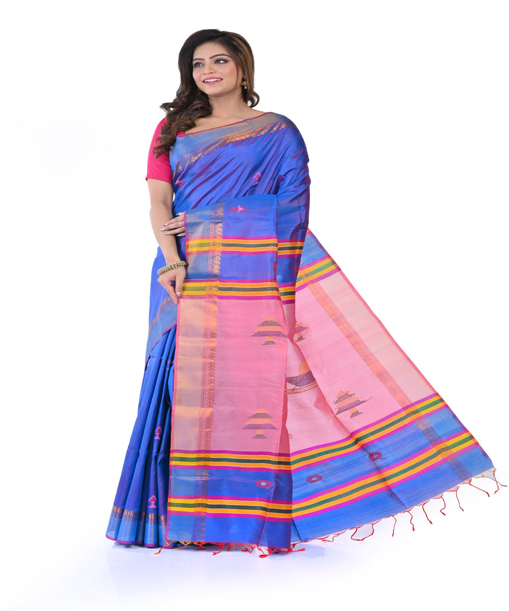 Navy blue pink hand woven tangail silk saree