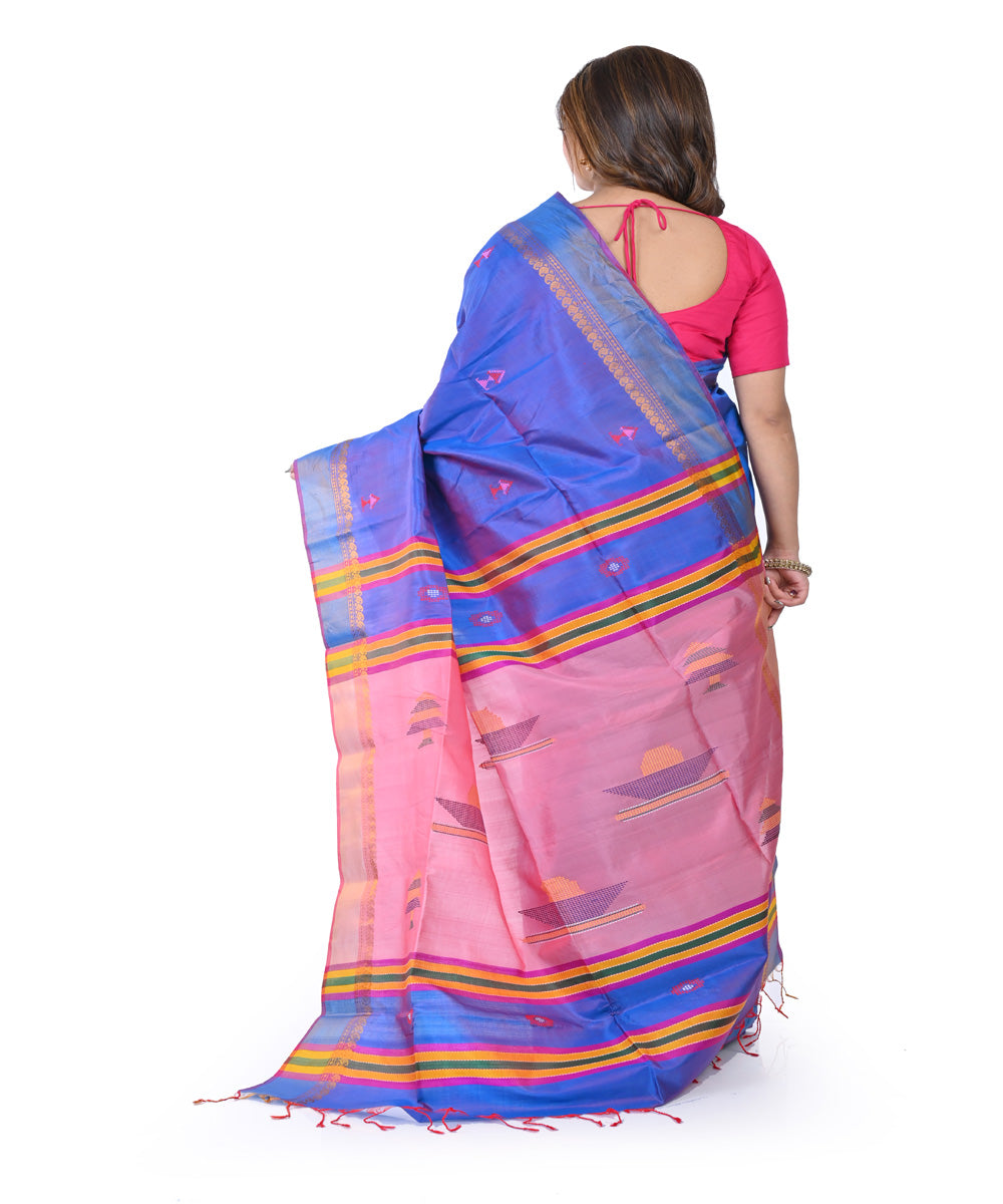 Navy blue pink hand woven tangail silk saree