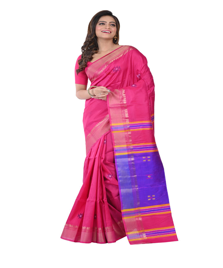 Pink blue hand woven tangail silk saree