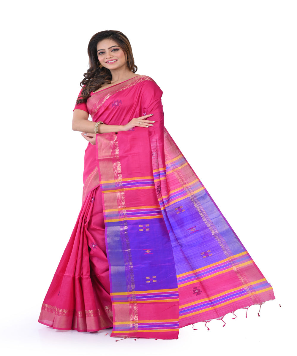 Pink blue hand woven tangail silk saree