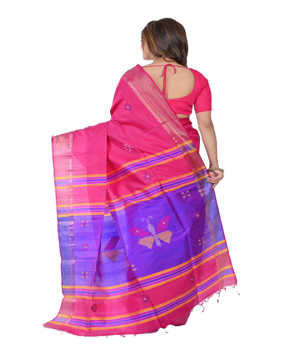 Pink blue hand woven tangail silk saree