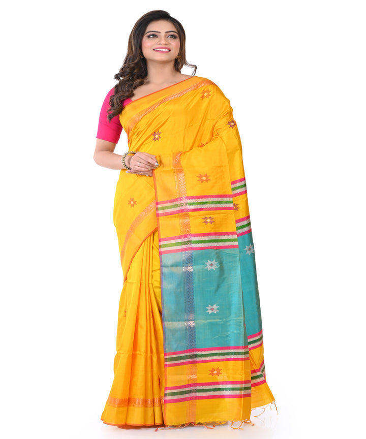 Yellow green handwoven tangail silk saree