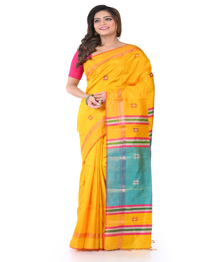 Yellow green handwoven tangail silk saree