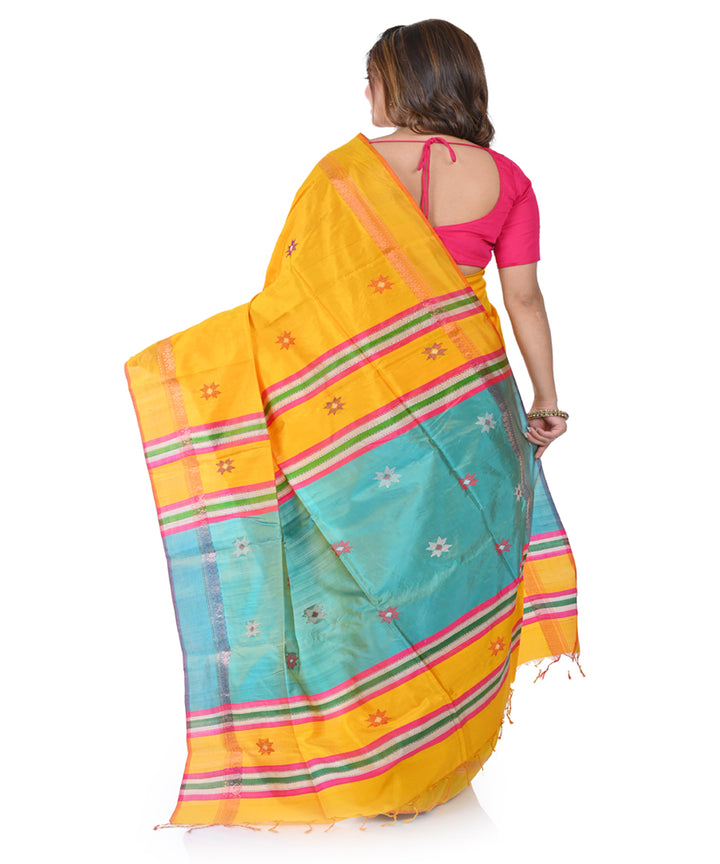 Yellow green handwoven tangail silk saree