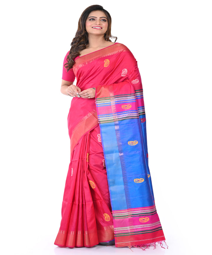 Red blue handwoven tangail silk saree