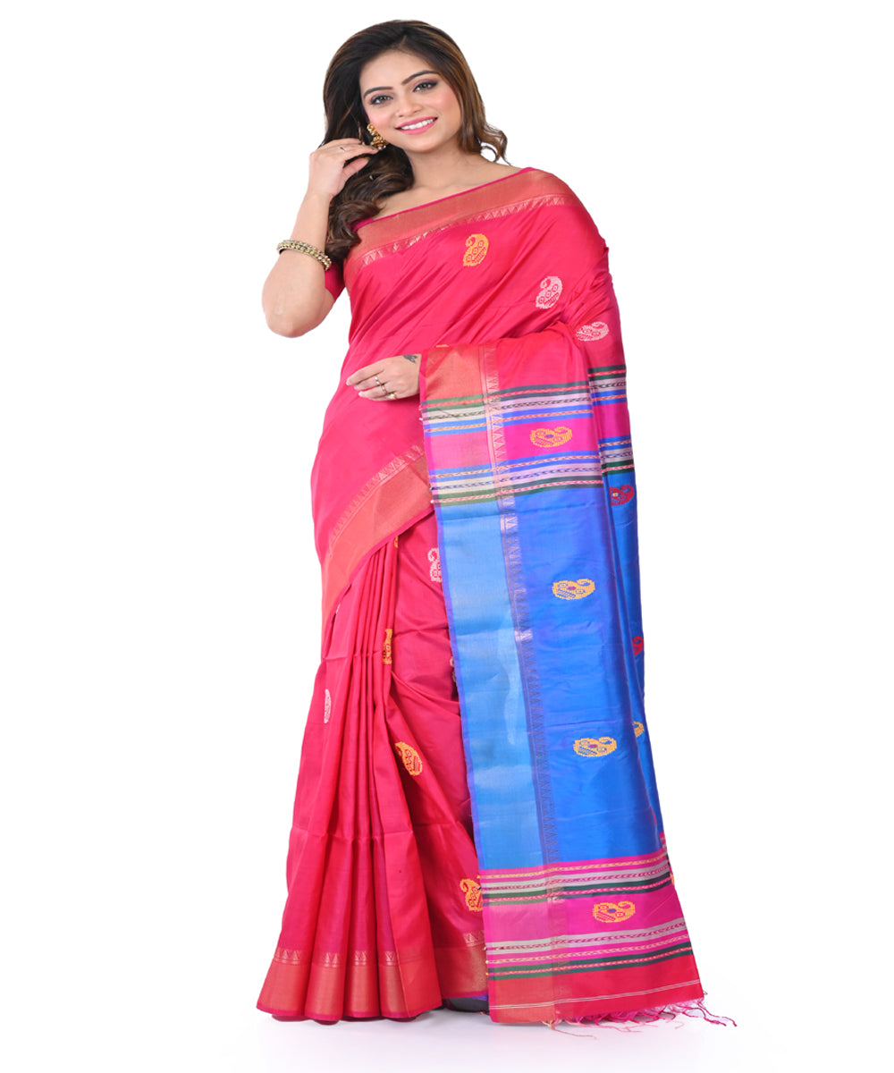 Red blue handwoven tangail silk saree