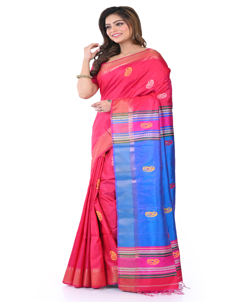 Red blue handwoven tangail silk saree