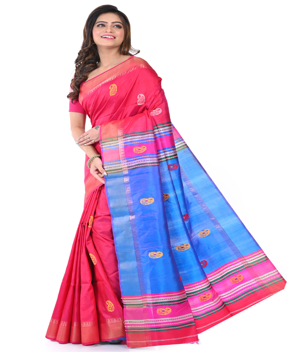 Red blue handwoven tangail silk saree