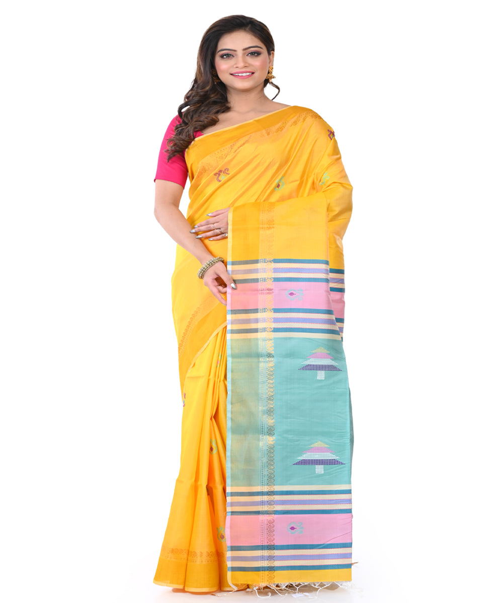 Yellow blue handwoven tangail silk saree