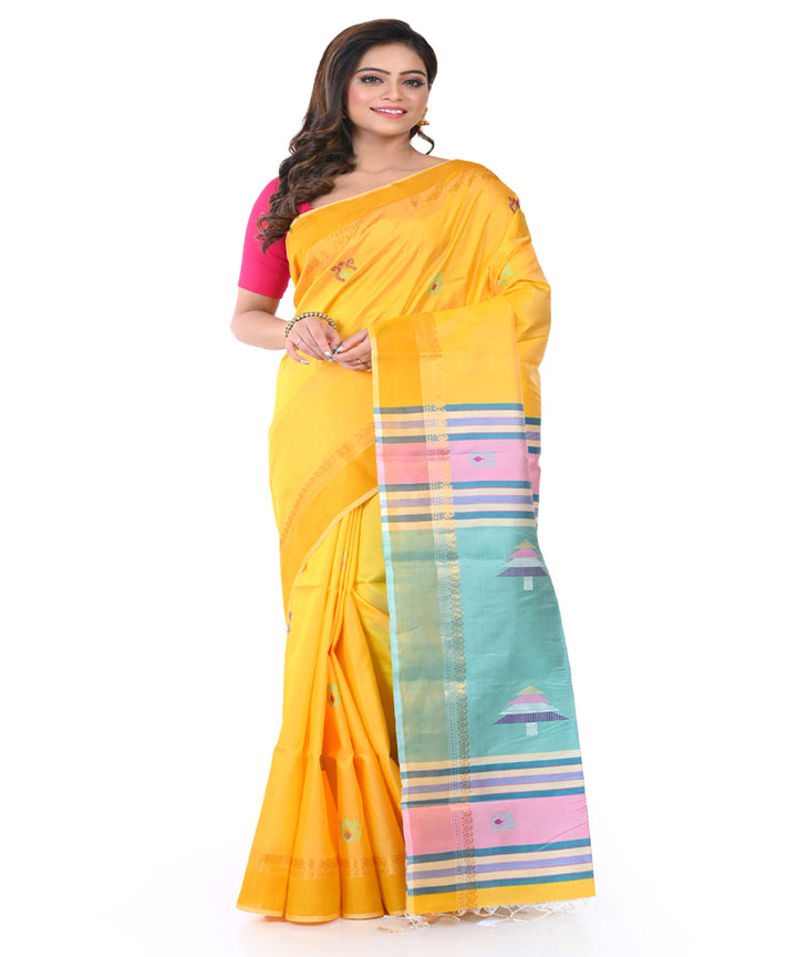 Yellow blue handwoven tangail silk saree