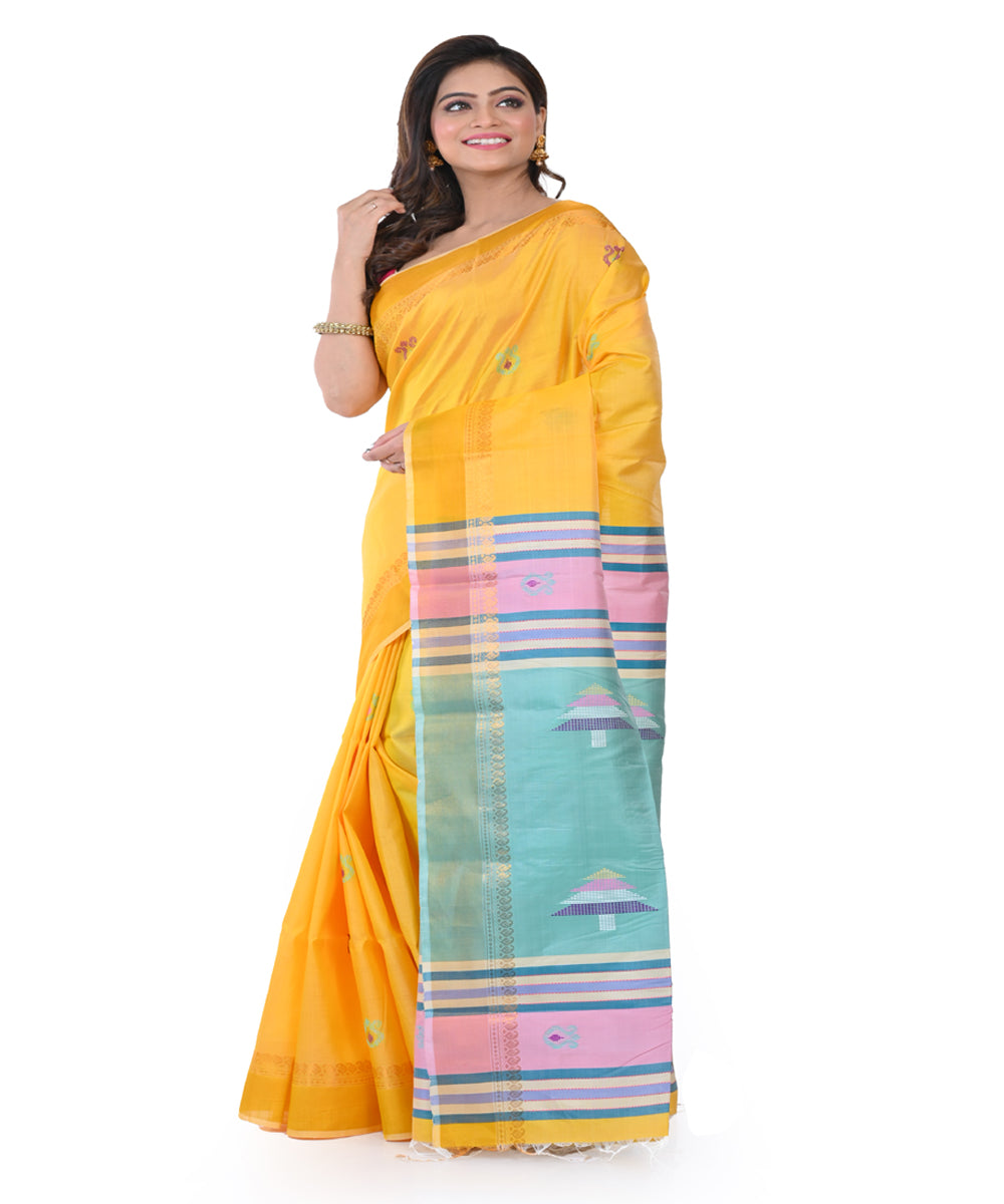 Yellow blue handwoven tangail silk saree