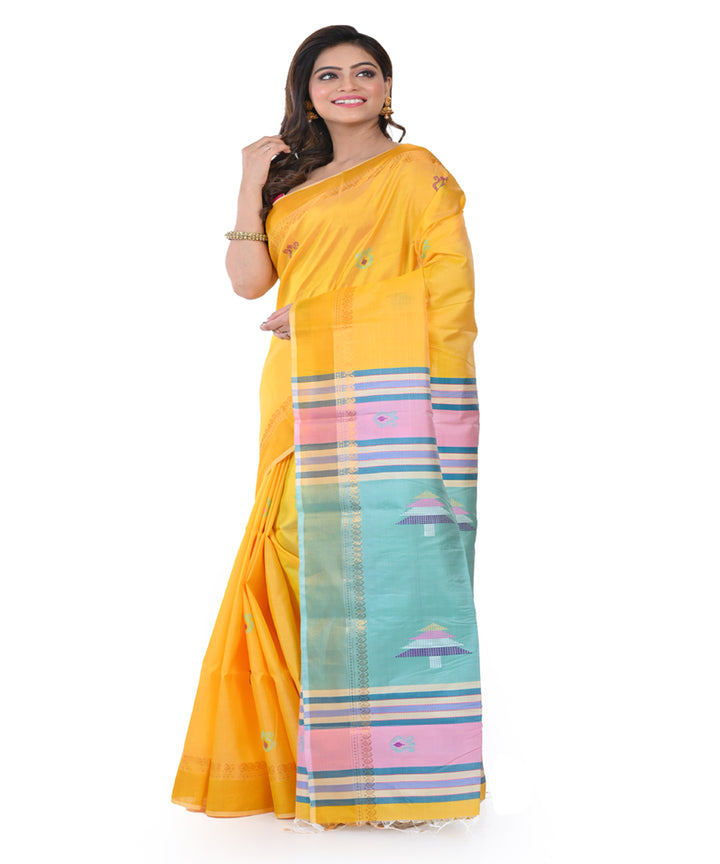 Yellow blue handwoven tangail silk saree