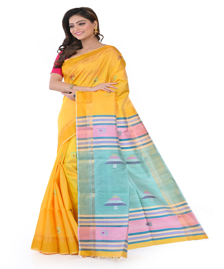 Yellow blue handwoven tangail silk saree