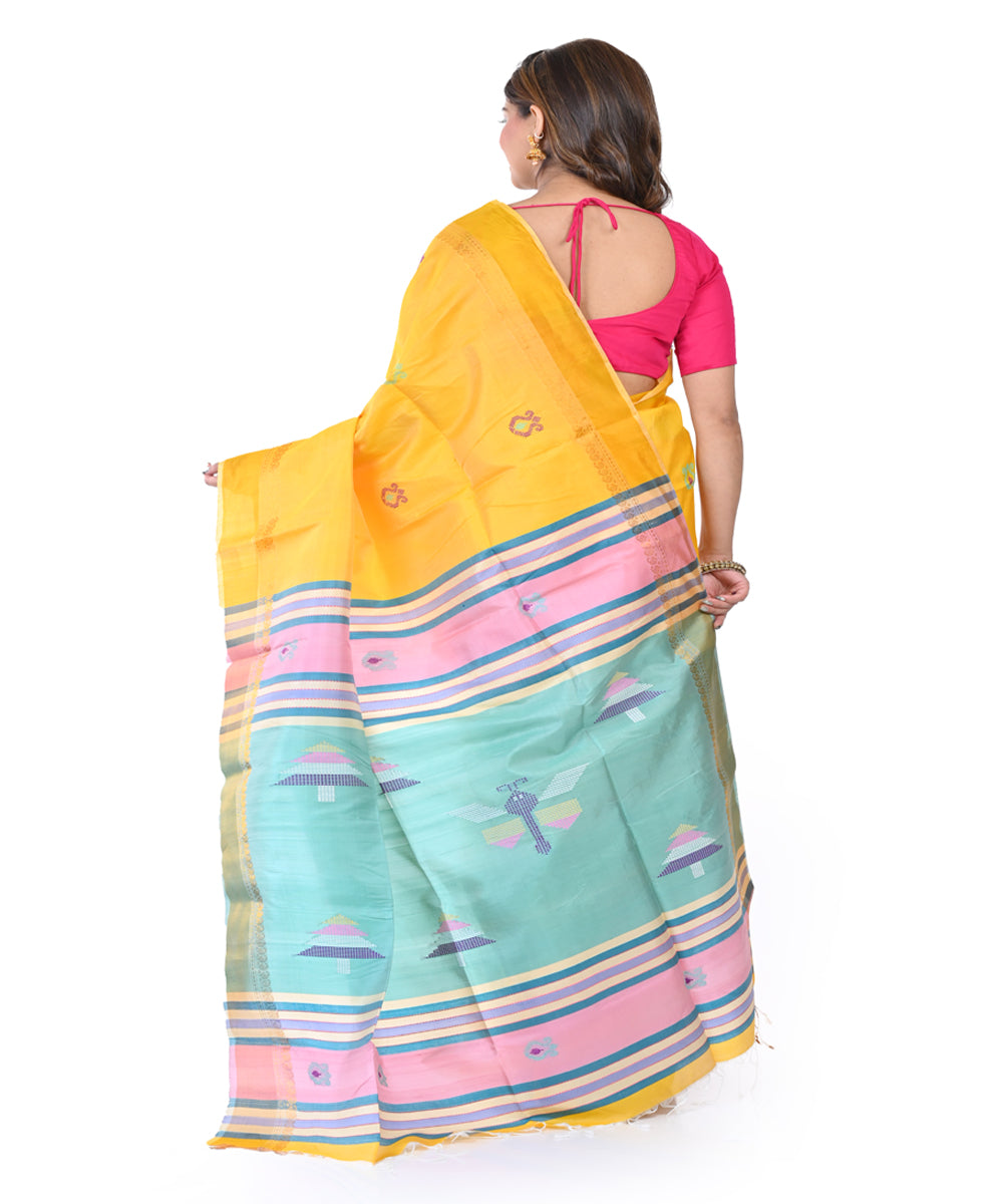 Yellow blue handwoven tangail silk saree