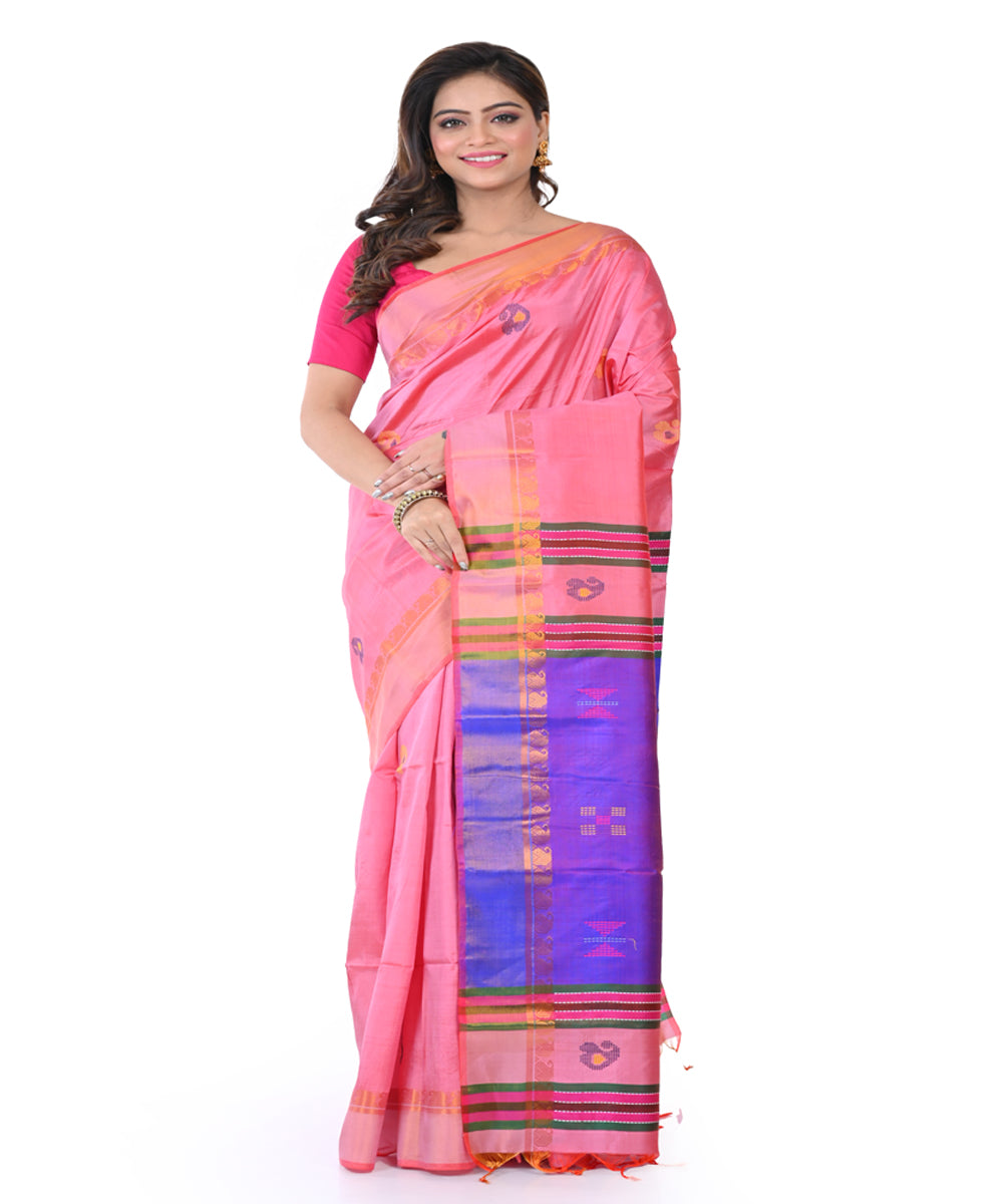 Pink blue handwoven tangail silk saree