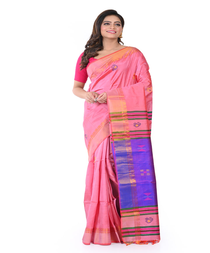 Pink blue handwoven tangail silk saree