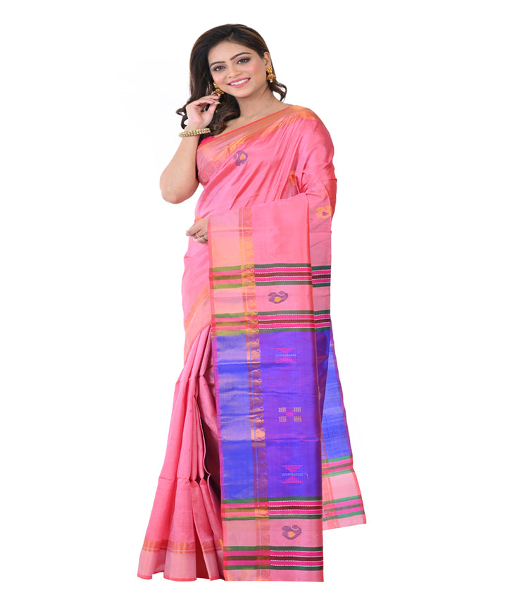 Pink blue handwoven tangail silk saree