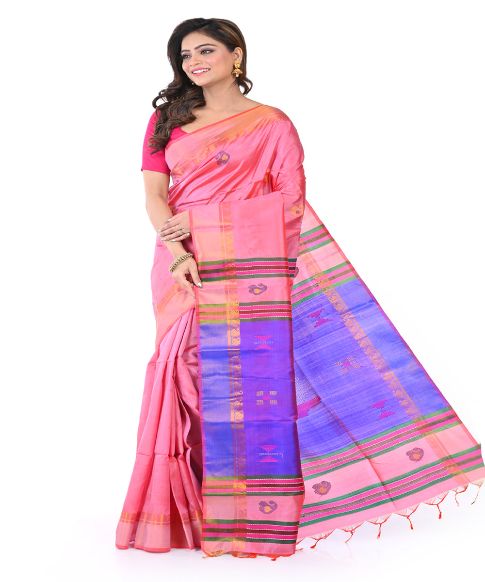 Pink blue handwoven tangail silk saree