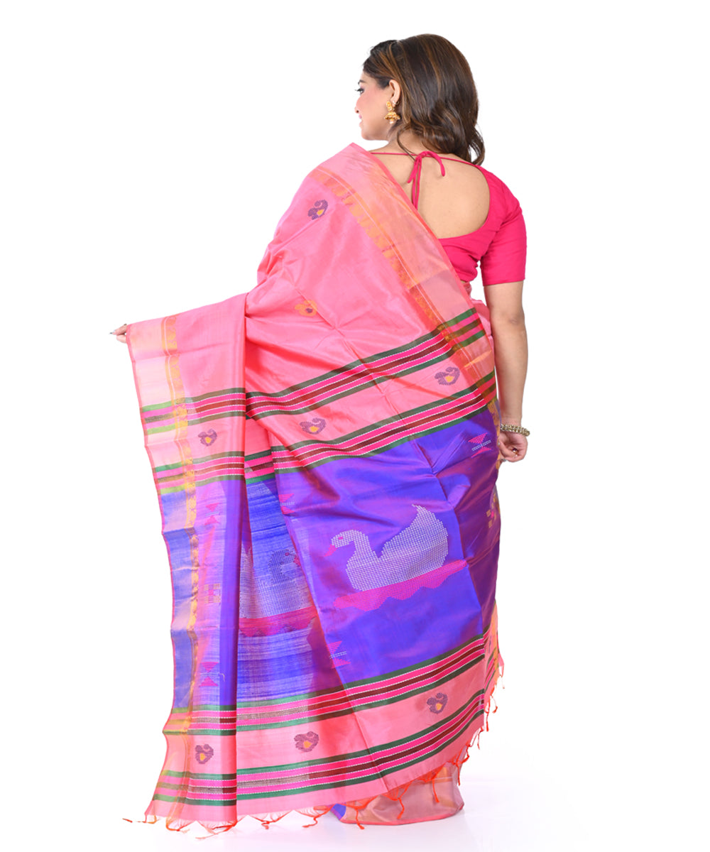 Pink blue handwoven tangail silk saree